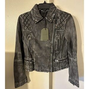 All Saints Vintage  Cargo Leather Biker Jacket Size Uk 6 US 2 Distressed Grey